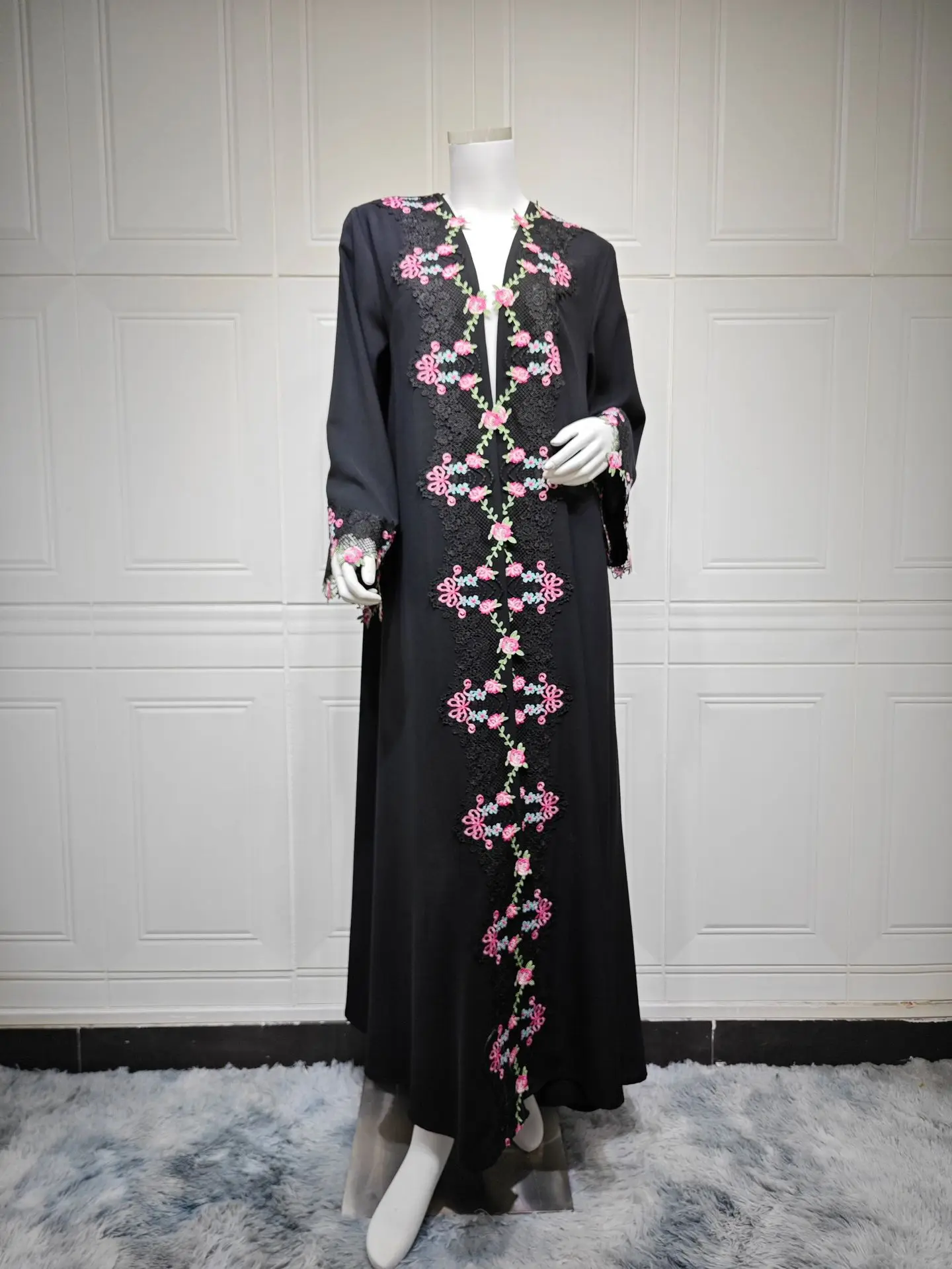 Embroidery Kebaya - Kimono Nero Ricamato, Jalabiya, Abaya Dubai,
